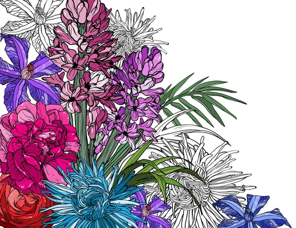 Florale achtergrond met Rose, pioenroos, geocant, clematis bloemen — Stockvector