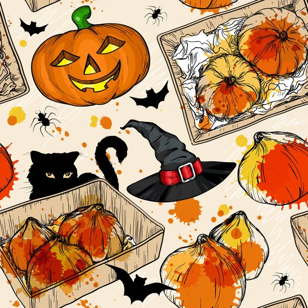 할로윈 호박, 마녀 모자와 검은 고양이 함께 완벽 한 패턴. — 스톡 벡터
