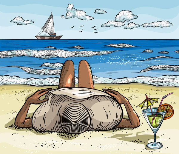 Mulher relaxante de chapéu na praia com coquetel. Summwe férias — Vetor de Stock
