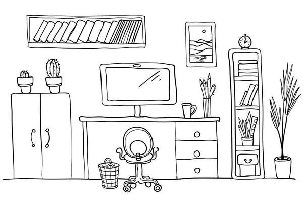 Designers skrivbord på hemmakontoret, arbetsutrymme. Dator, kontor inredning. Svart och vitt — Stock vektor