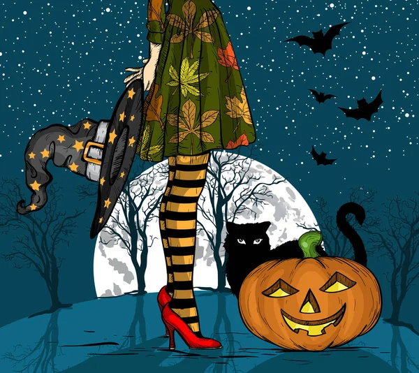 Noc Halloween. Czarownica z kapelusz czarownika w ręku, czarny kot i dyni, wielki księżyc na tle — Wektor stockowy