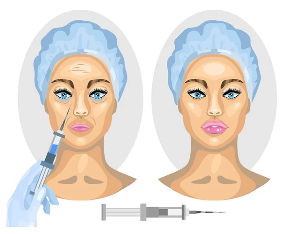 Kosmetisches Behandlungskonzept. Frau Gesicht vor und nach. Botox-Injektion. — Stockvektor