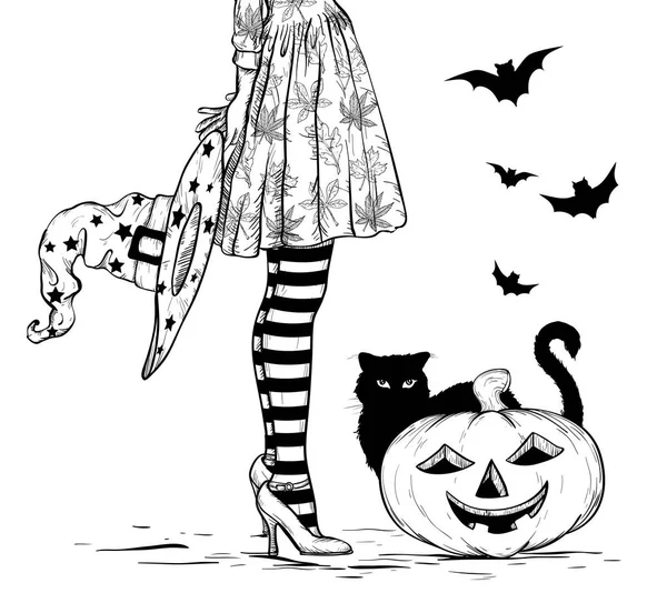 Szkic czarownica z kapelusz czarownika w ręce w halloween kostium, czarny kot i dyni. Czarno-białe — Wektor stockowy