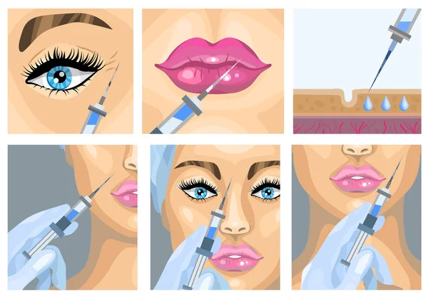 Botox injection cosmetic procedure set. Vector illustration — Stock Vector