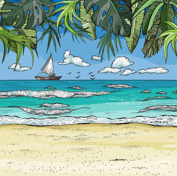 Mer paysage tropical avec voilier à l'horizontale, palmiers et plage de sable — Image vectorielle