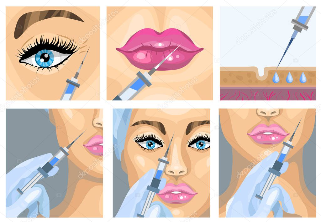Botox injection cosmetic procedure set. Vector illustration
