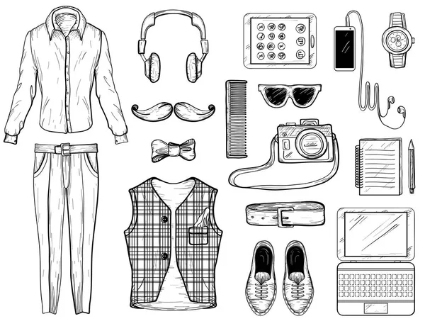 Handgezeichnete Skizze mit Hipster-Mann-Accessoires. Vektorillustration — Stockvektor