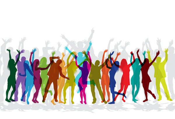 Colorful silhouettes of people celebrating and dancing on party.