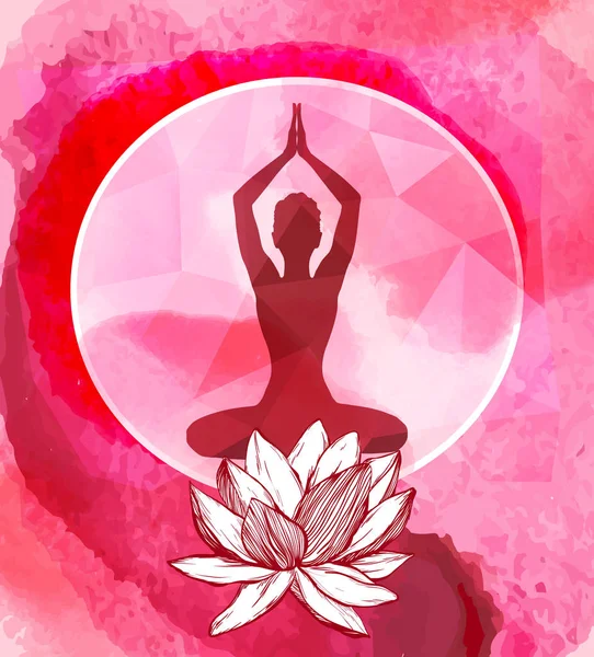 Flor de loto y silueta femenina por encima de ella. emblema del logotipo del yoga . — Archivo Imágenes Vectoriales