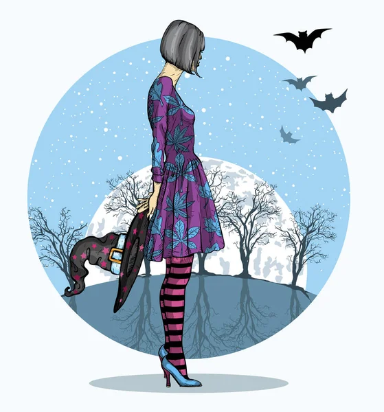 Chica en disfraz de Halloween y sombrero de mago en la mano contra la luna grande, Noche de Halloween — Vector de stock