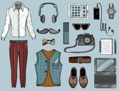 Hippi erkek aksesuarları ile el çizilmiş kroki.