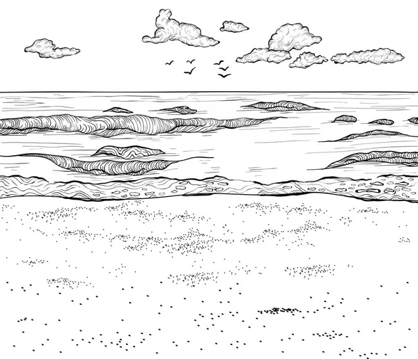 Bosquejo de playa de arena y mar ondulado. Ilustración vectorial . — Vector de stock