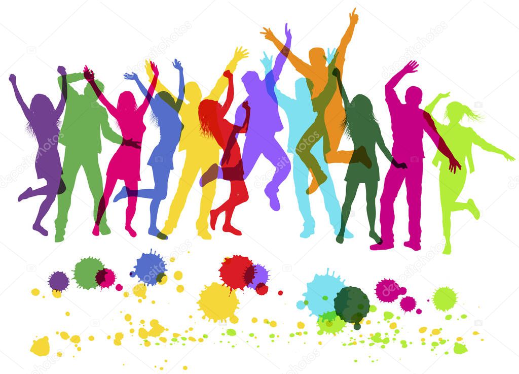 People colorful silhouettes dancing on party. Isolated on white.