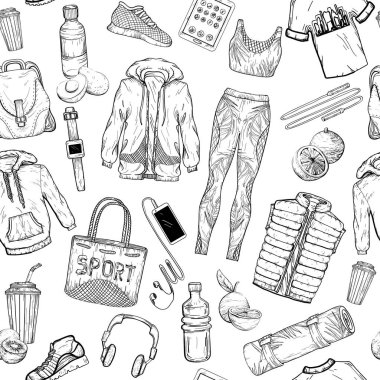 Bayan spor giyim, spor alet ve sağlıklı bir yaşam tarzı ile Seamless modeli ayarlayın. Vektör çizim. Siyah ve beyaz