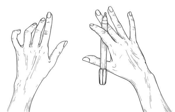 Человеческие руки с ручкой, готовой к рисованию. Черное и белое . — стоковый вектор