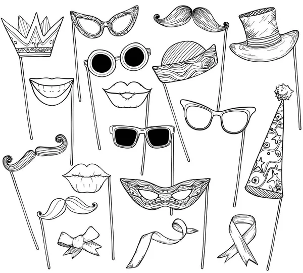 Bosquejo de los accesorios de cabina bigote, gafas, sombrero de vacaciones y labios — Vector de stock