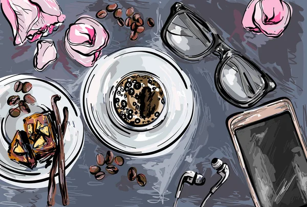 Smartphone, brýle, sluchátka a káva s koláčem na černém pozadí — Stockový vektor