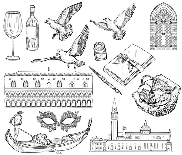 Vector Set of Venice sketch. Black and white.