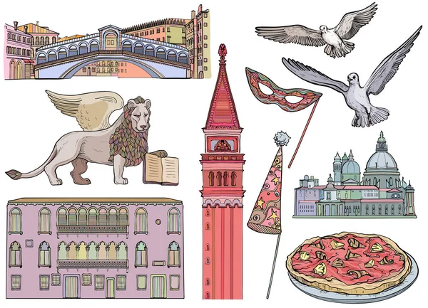 Benátky turistické atrakce Skicovací sada. Vektorové ilustrace — Stockový vektor