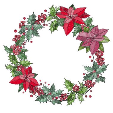 Meyveler ve çiçekler beyaz arka plan üzerinde Noel çelenk