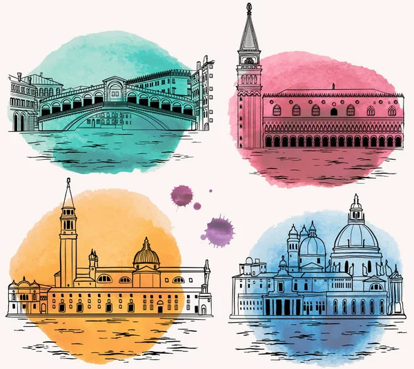 Veneza marcos aquarela e atrações turísticas conjunto . — Vetor de Stock