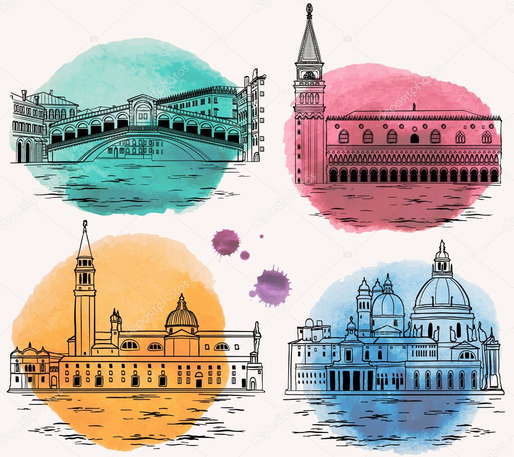 Venice watercolor landmarks and tourist attractions set.