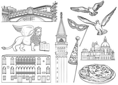 Venedik taslağını ayarlayın. Vektör çizim. Ünlü Venice monumen