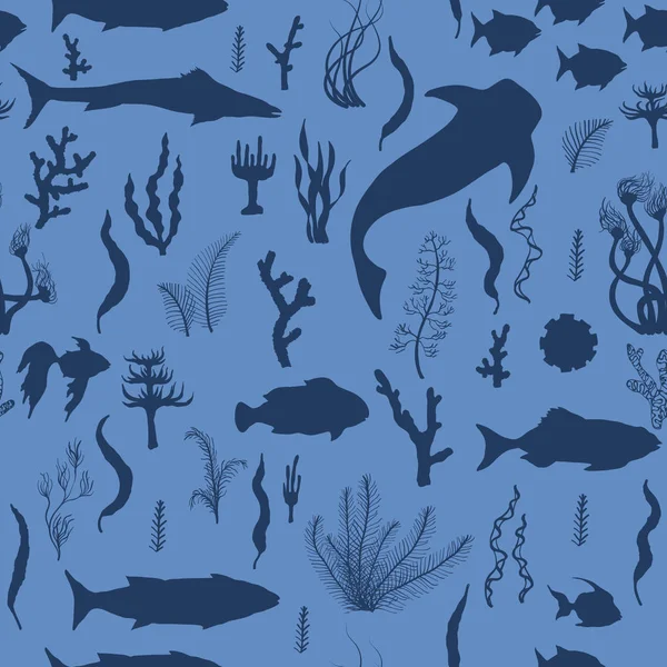 Векторный бесшовный рисунок с морской подводной рыбой и растениями Силуэты — стоковый вектор