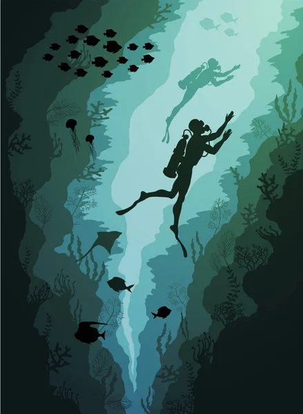 Koraalrif en onderwater, duikers en vis algen op de achtergrond van de blauwe zee — Stockvector