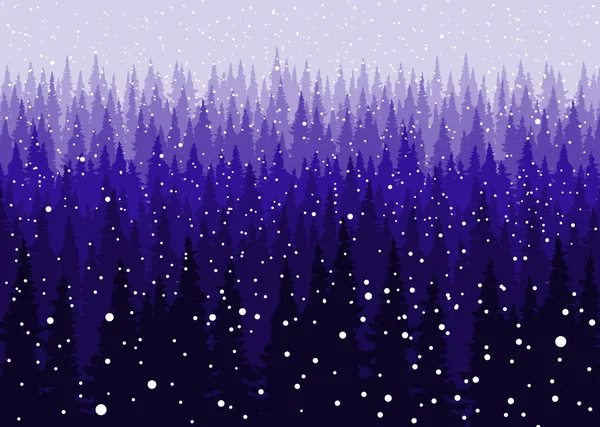 크리스마스 눈 겨울 침 엽 수림 숲 배경, 소나무 나무 실루엣 서식 파일 벡터. — 스톡 벡터