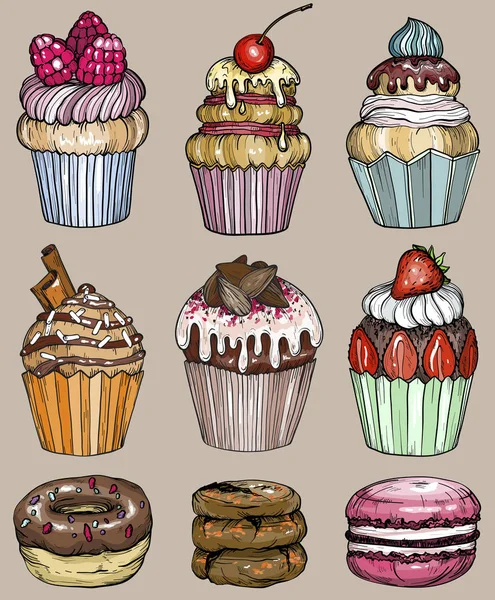 Pasteles y cupcakes de postre de chocolate horneado, juego de panadería — Vector de stock