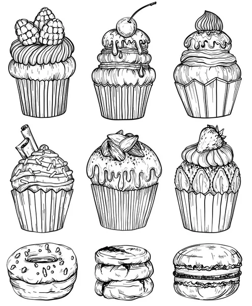 Pasteles y cupcakes de postre de chocolate horneado, juego de panadería, blanco y negro — Vector de stock
