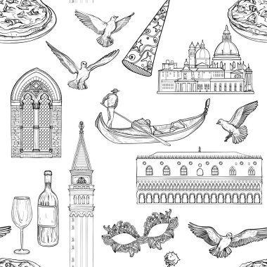 Seamless pattern with Venice landmarks, Black and white tourist attractions background. clipart