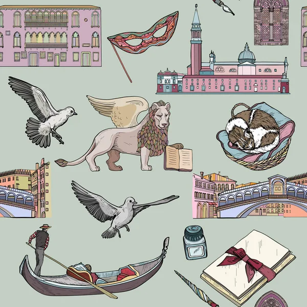 Seamless pattern with Venice landmarks and tourist attractions set.