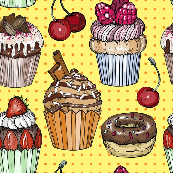 Patrón sin costuras con pasteles y cupcakes, postre de chocolate, panadería colorido, diseño de arte pop — Vector de stock