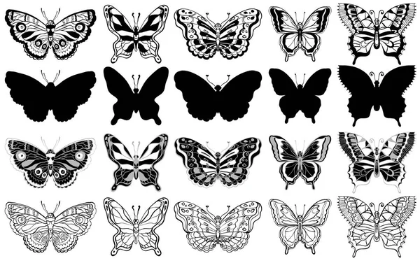 Uppsättning av fjärilar. Siluett, skiss och grafiska ikoner — Stock vektor