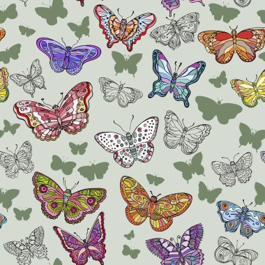 Renkli süslü uçan kelebekler ile Seamless modeli.