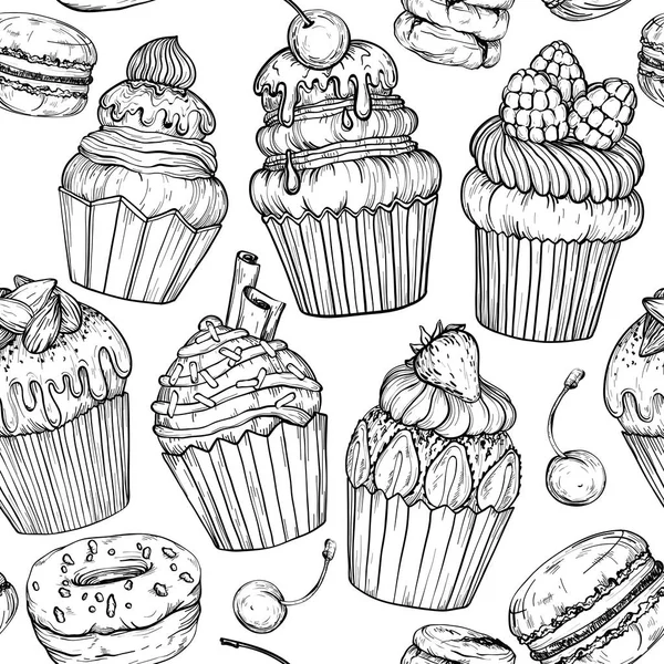 Patrón sin costuras con pasteles y cupcakes, blanco y negro — Vector de stock
