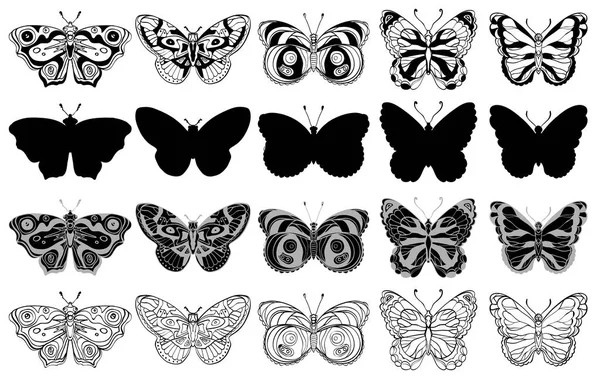 Ensemble de différentes formes de papillons, silhouettes, icônes ornées. Noir et blanc . — Image vectorielle