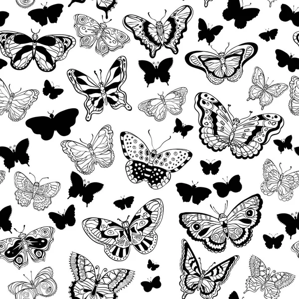 Seamless pattern with various forms  of butterflies. Silhouettes — Stock Vector