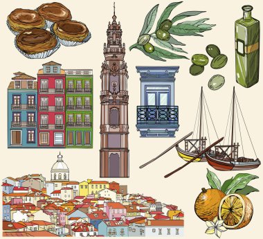 Portekiz Icon set. Lizbon ve Porto çizimler