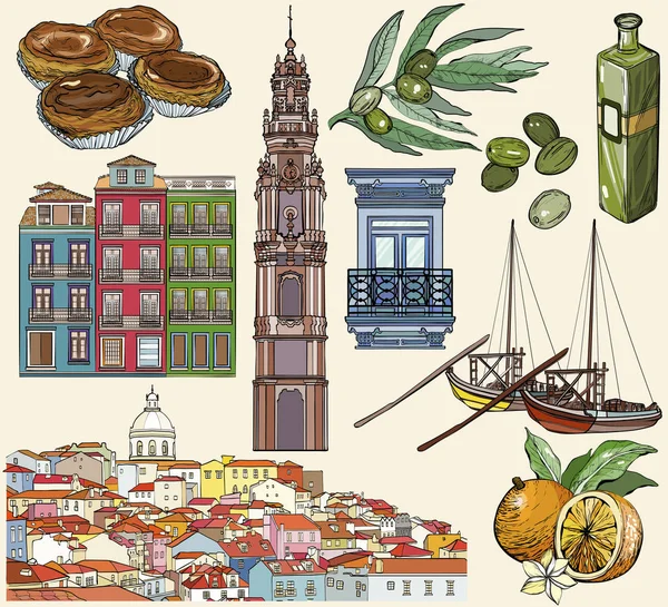 Portekiz Icon set. Lizbon ve Porto çizimler — Stok Vektör