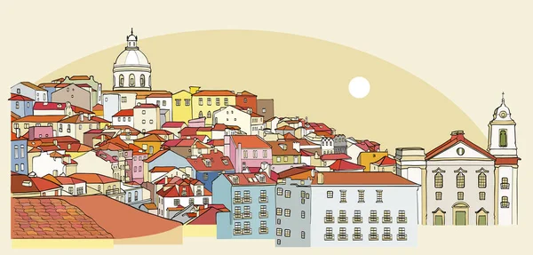 Lizbon cityscape görünümü. Vektör çizim — Stok Vektör