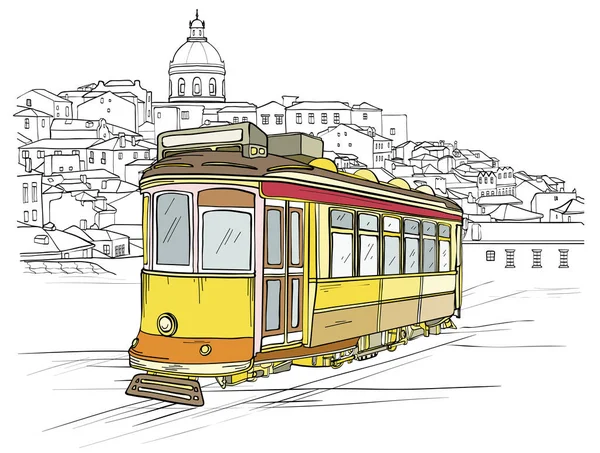 Tranvía tradicional portugués, Lisboa paisaje urbano — Vector de stock