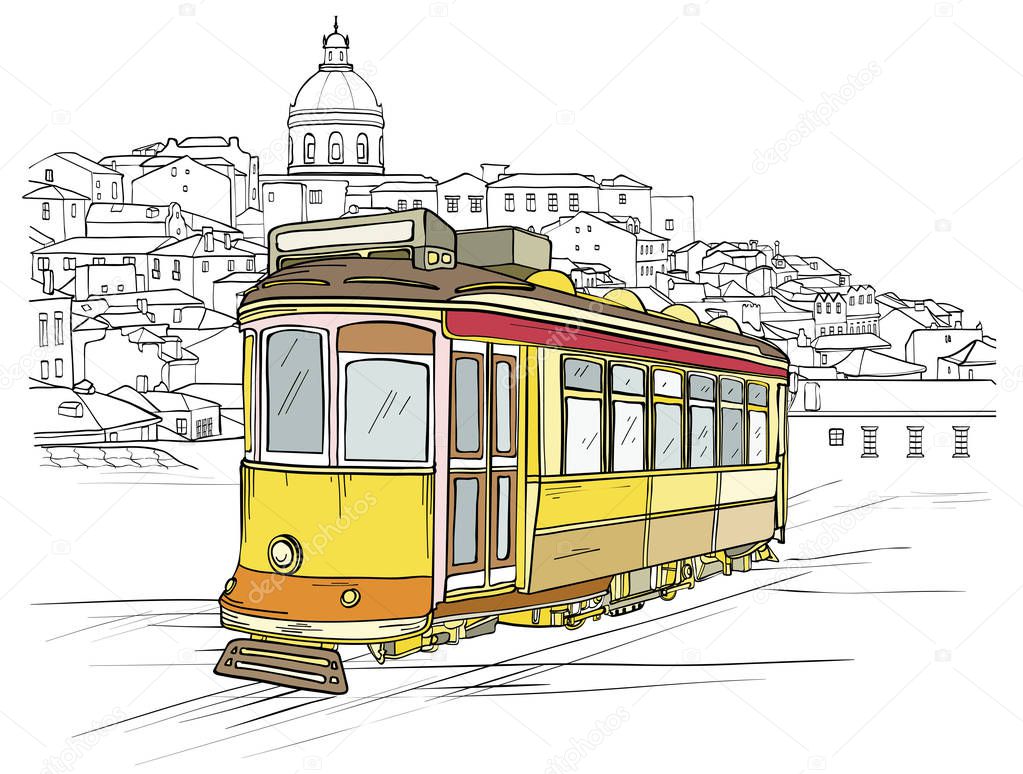 Traditional portuguese tram, Lisbon cityscape