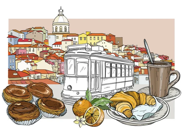 Cenário panorâmico de Lisboa e conjunto de cafetaria —  Vetores de Stock