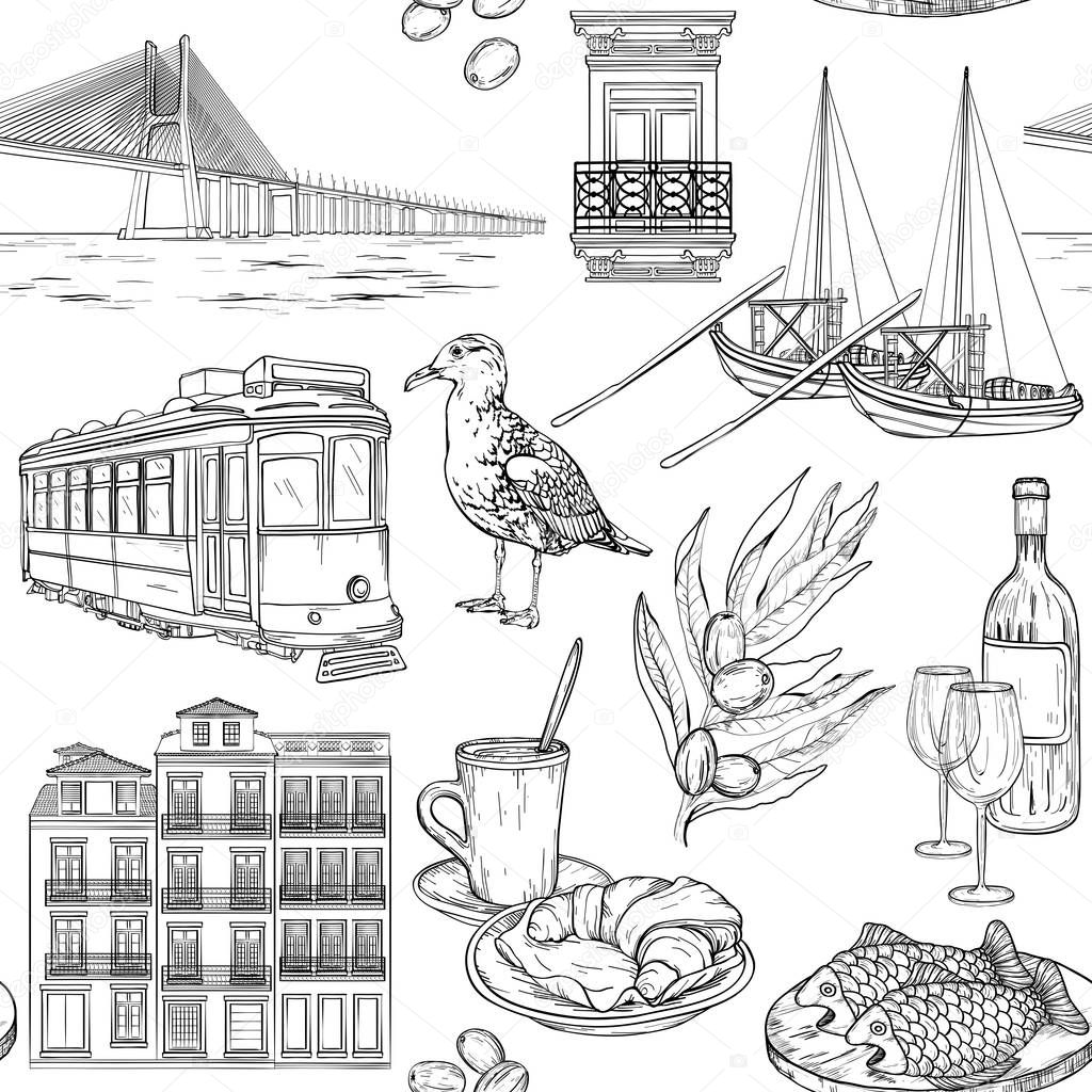 Seamless pattern with Portuguese sketches