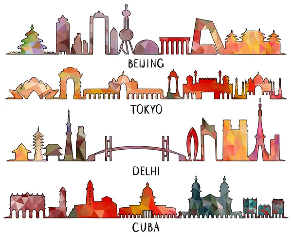 Pekin, Tokyo, New Delhi, Küba, üçgen tasarım — Stok Vektör