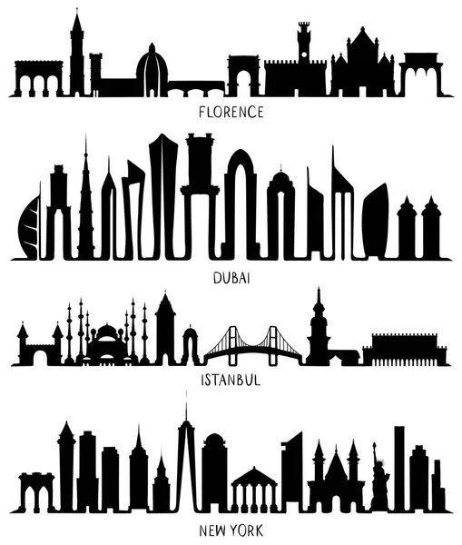 Siluetas de Florencia, Dubai, Nueva York y Estambul — Vector de stock