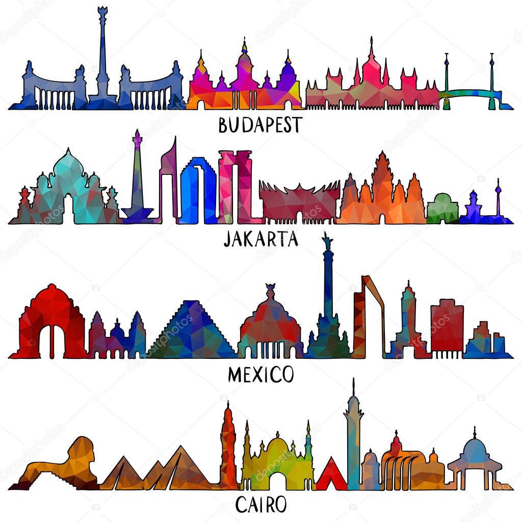 Travel and tourism line illustration. Mexico, Budapest, Jakarta